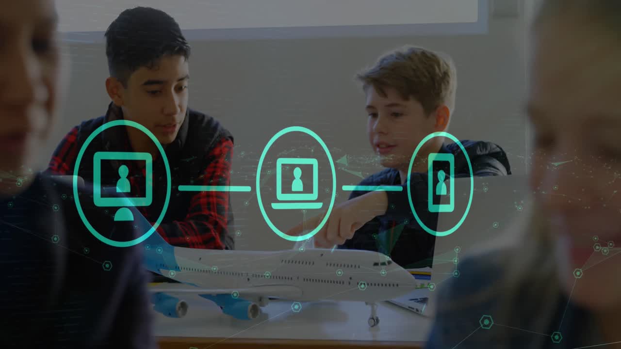 Animation of network of digital icons over two diverse boys discussing over airplane model at school