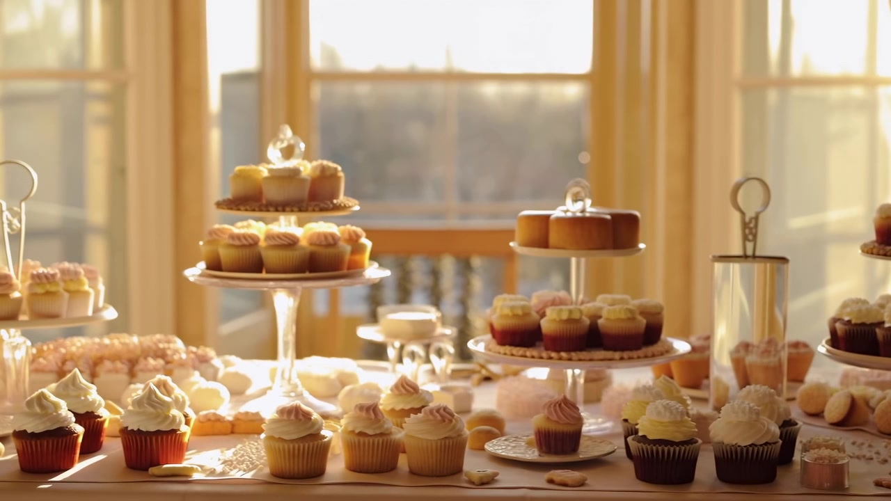 Dessertudstilling i et indendørs rum med store vinduer, med cupcakes og kager i flere lag, set fra et vidvinkelperspektiv, med hvide og brune accenter og en lys og indbydende stemning