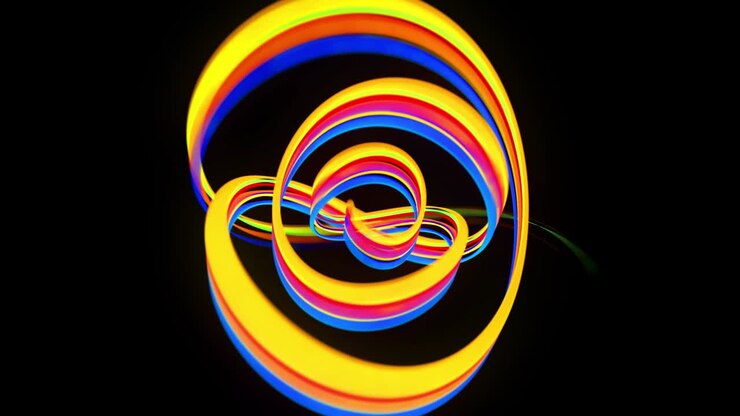 abstract looped background with multicolored lines curling in helix structure. Color streaks fly and form curls.