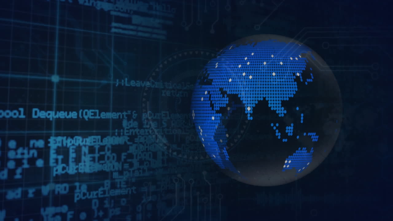 Animation of spinning globe, data processing and microprocessor connections against blue background
