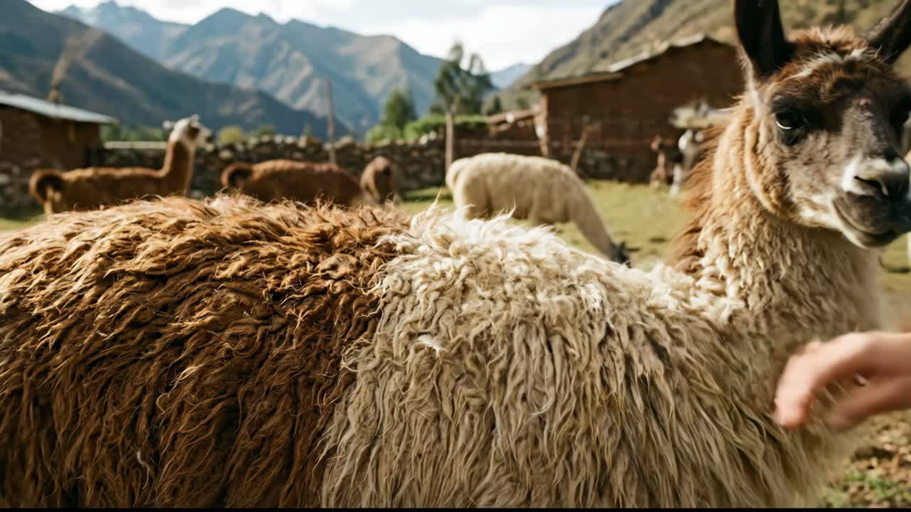 Close-Up of a Hand Petting a Llama in a Mountainous Field