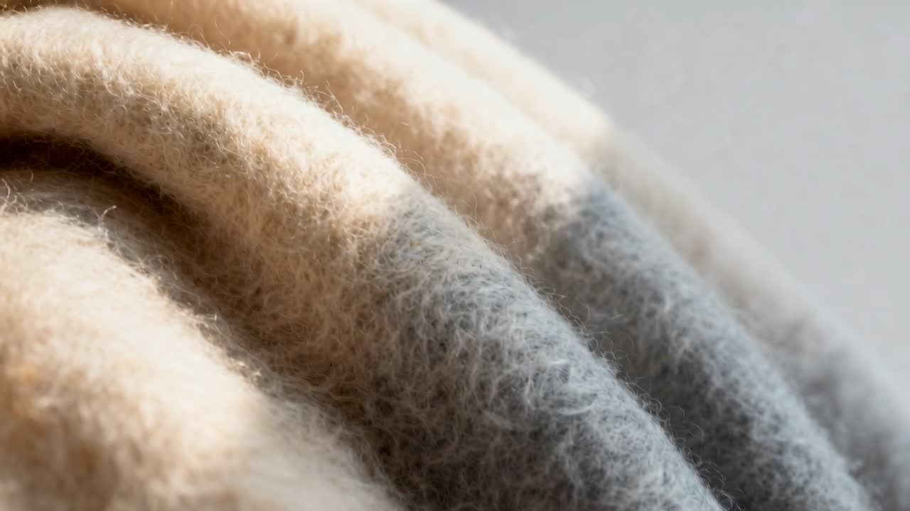 Pulling back camera revealing folded woolen fabric on studio tabletop to show visible fibers
