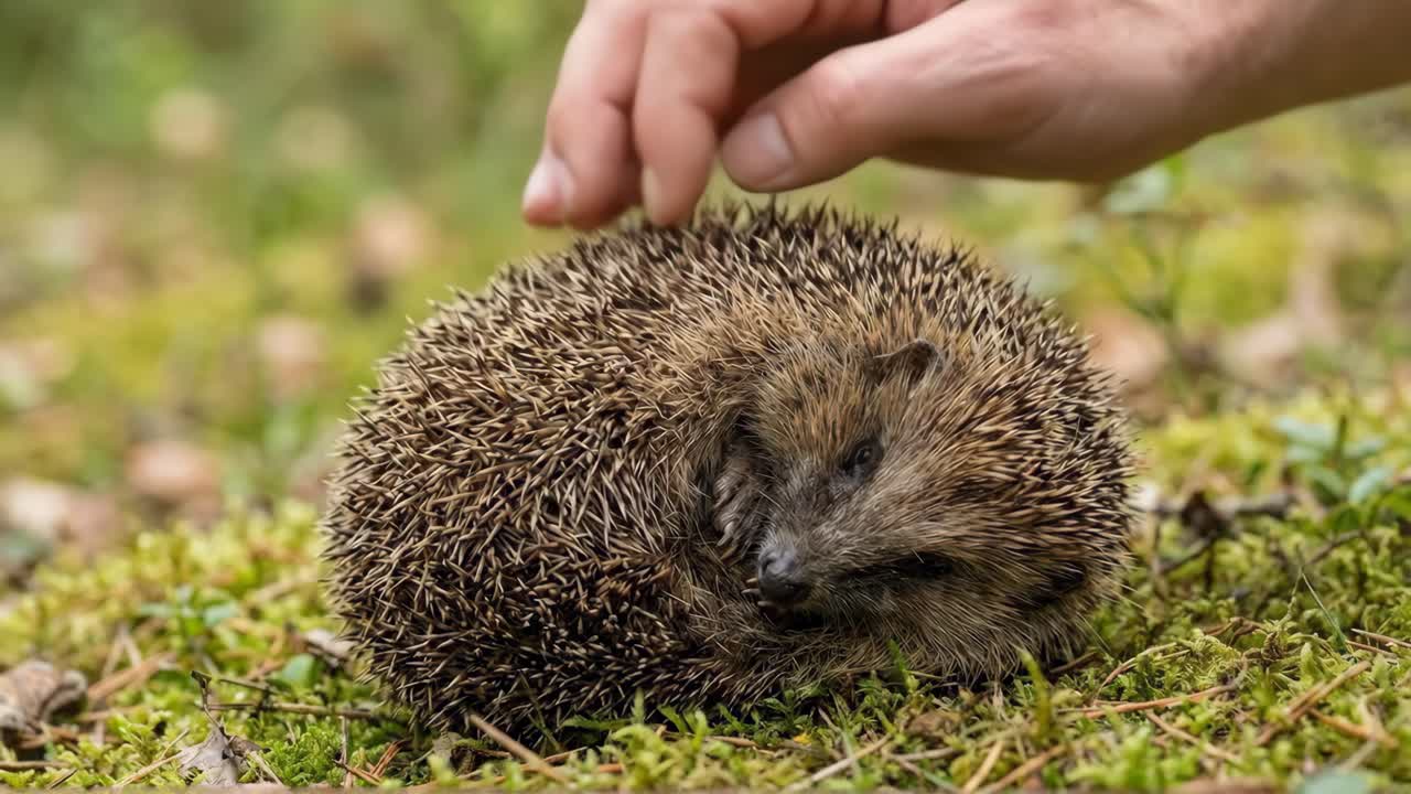 Eine menschliche Hand streichelt sanft einen zusammengerollten Igel auf grünem Moos