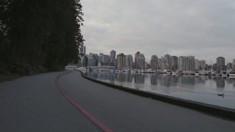 Wide-shot-of-a-boats-and-ducks-in-marina,-Morning-Vancouver-West-End,-Slowmotion