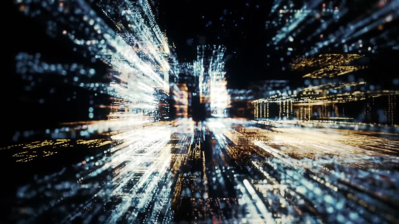 A Dynamic Visualization of Futuristic City Lights: Experience the Thrill of Continuous Motion and Vibrant Energy Within a Tech-Inspired Urban Environment