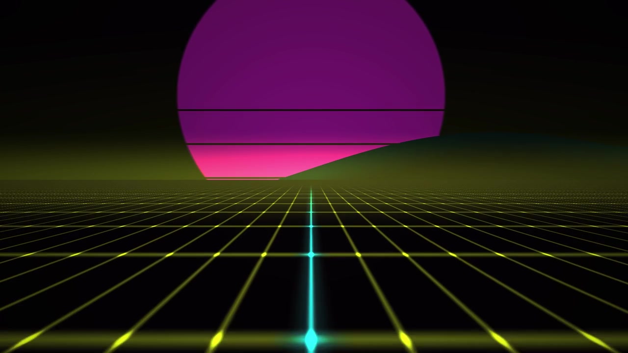 Paesaggio a griglia retro synthwave con sole al neon luminoso