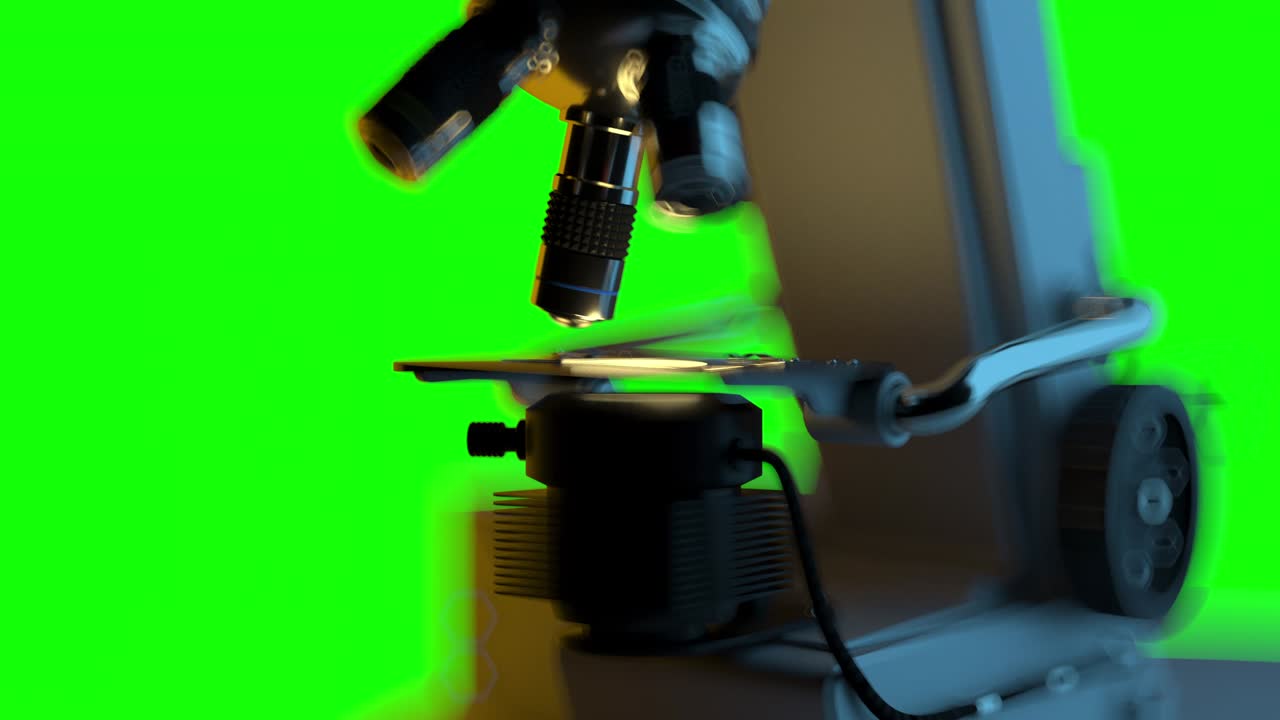 4k 60fps concepto de investigación científica - microscopio electrónico en el trabajo aislado automáticamente en pantalla verde para uso de chromakey, animación 3d uhd