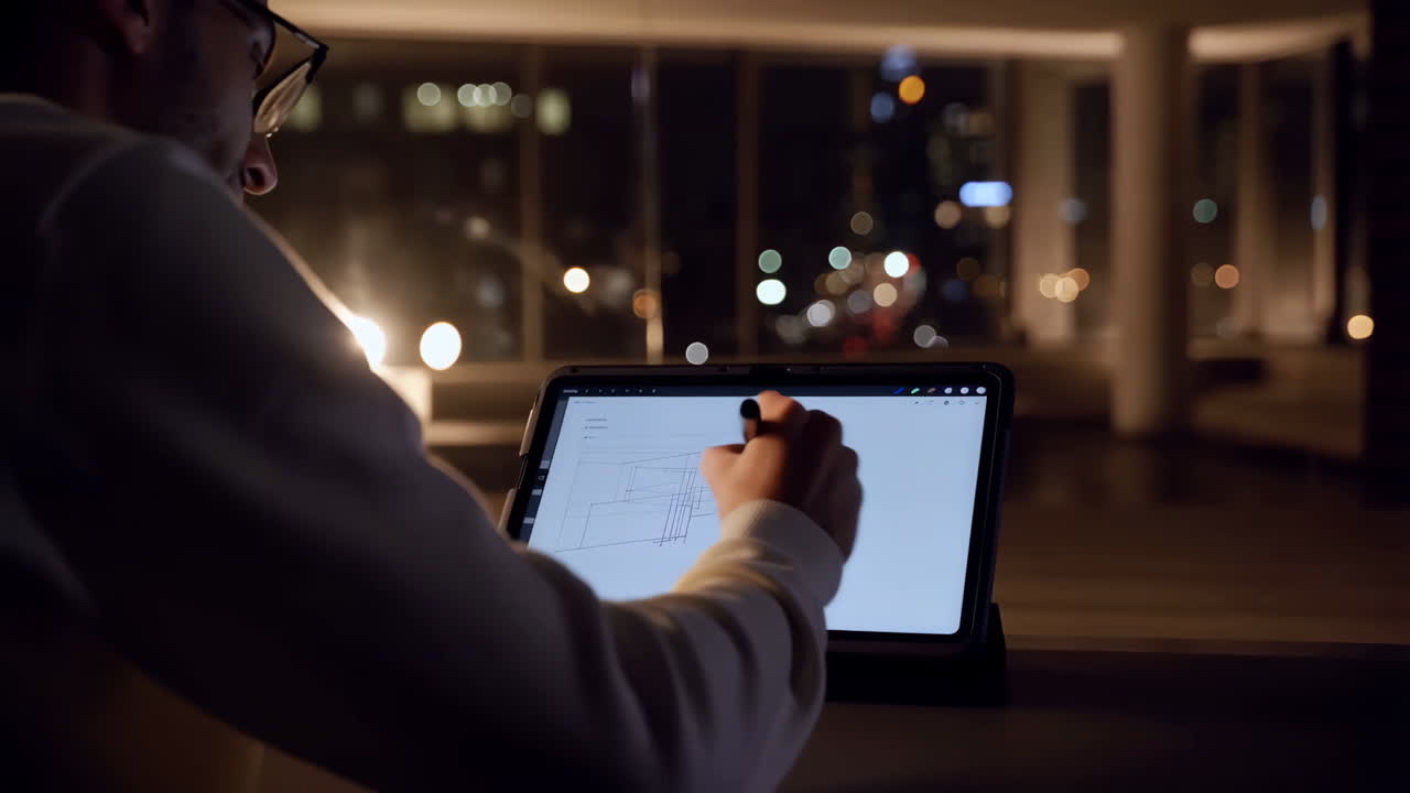 Person drawing architectural plans on a tablet at night with city lights in the background