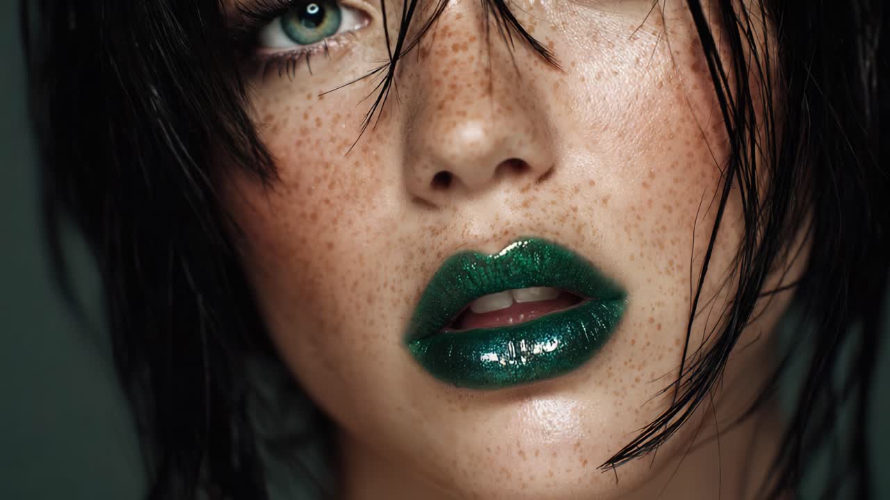 Gorgeous young woman with freckles and wet black hair showing a sensual expression while wearing glossy green lipstick, her intense green eyes looking straight into the camera