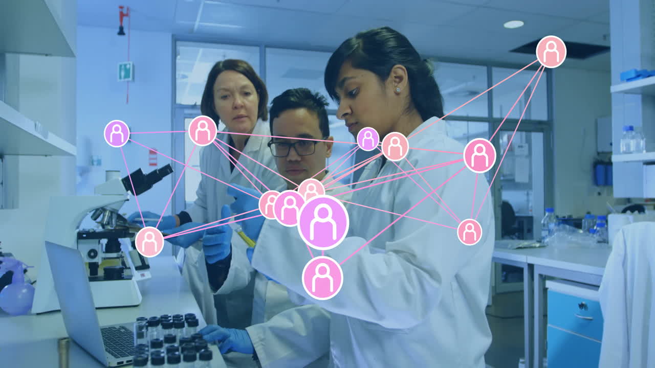 In laboratory, scientists working with network connections overlay animation