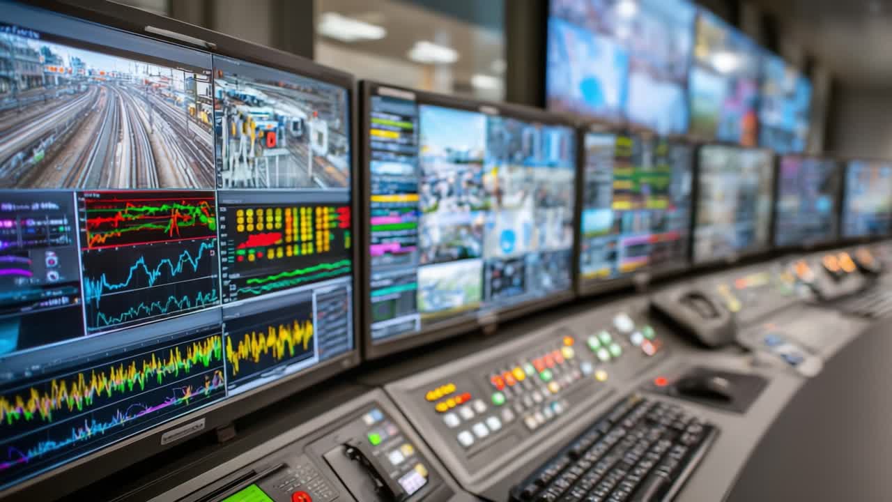 Sala di controllo monitoraggio avanzato che presenta analisi dei dati in tempo reale e feed di sorveglianza con grafici, tabelle e visualizzazioni dettagliate delle reti di trasporto.