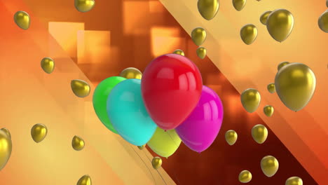 animación de globos multicolores que vuelan sobre cuadrados iluminados contra un fondo naranja