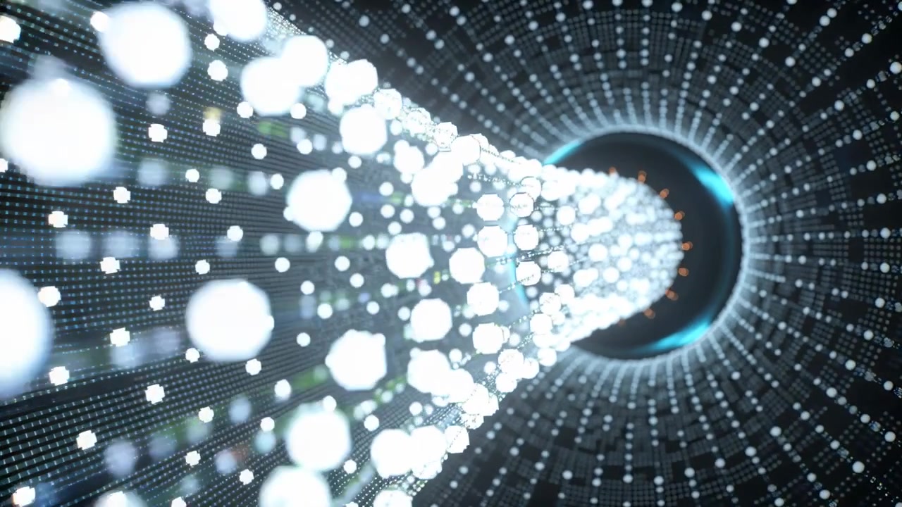 Sequence starting, camera pulling back along LED tube, showing light column, dot grid, cyan portal