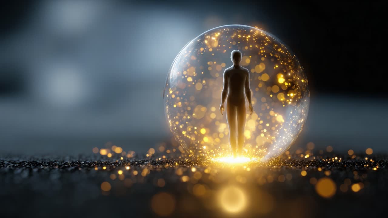 A luminous figure emerges from an ethereal sphere, walking towards a radiant sun, symbolizing enlightenment and transformation in a visually enchanting environment