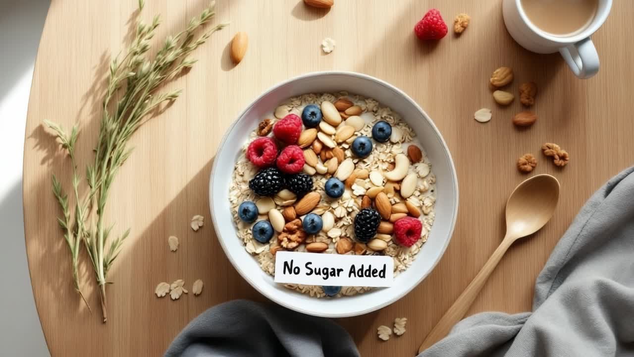 Healthy breakfast bowl filled with oats, mixed berries, and assorted nuts is placed on a wooden table, surrounded by natural elements, creating a fresh and inviting morning atmosphere
