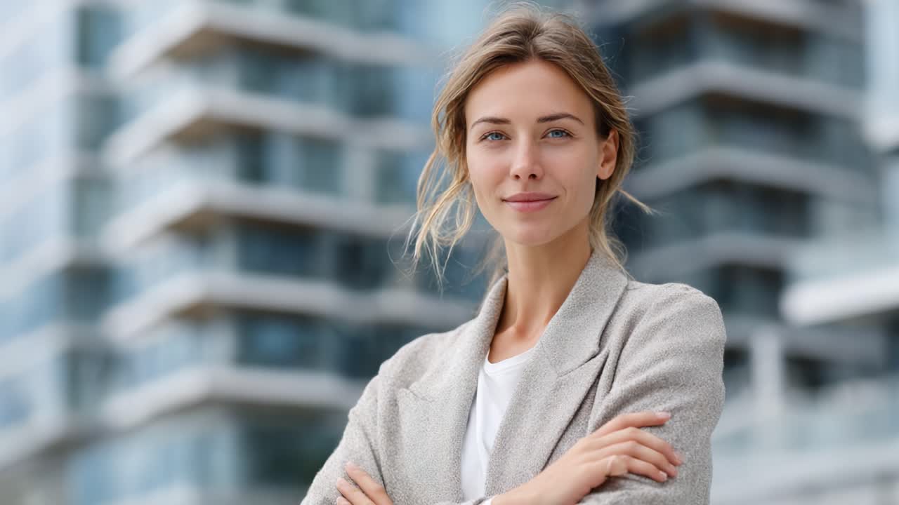 Giovane donna sicura di sé in piedi con le braccia conserte su sfondo urbano, che trasuda equilibrio e sicurezza di sé mentre mette in mostra l'architettura contemporanea