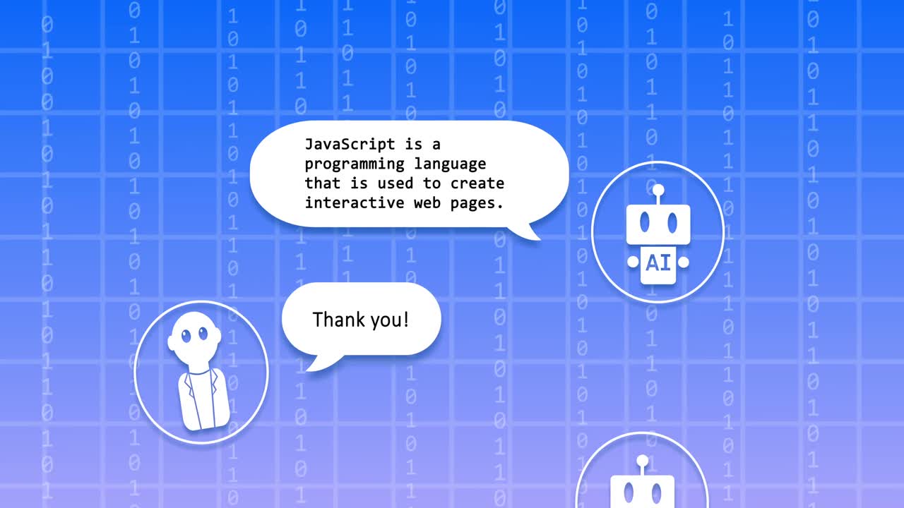 Animation of ai bot conversation and binary coding on speech bubbles over blue background