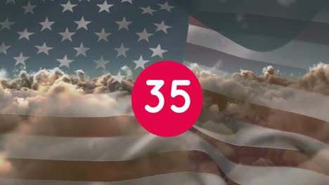 animation of counter over clouds and flag of usa