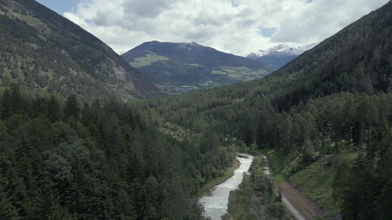 Flyfoto av en elv som snor seg gjennom en frodig grønn dal i de sveitsiske Alpene, omgitt av fjell.