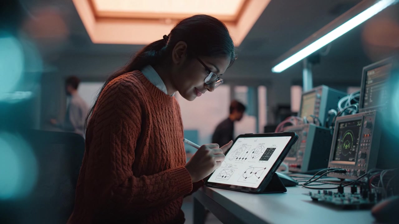 Focused student creating designs on a digital tablet in a modern lab, showcasing innovation and creativity in technology-rich environment.