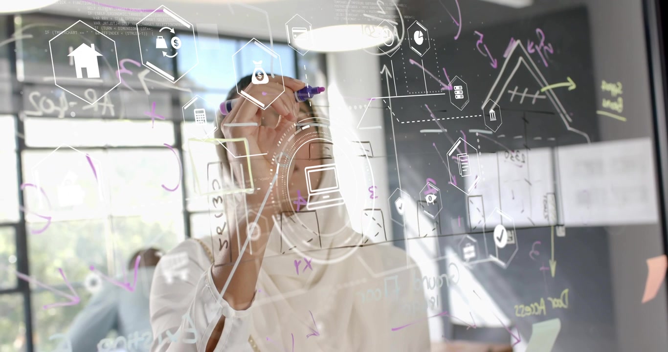 Female engineer selecting marker sketching IT network, adding lock, labels and chart on glass board