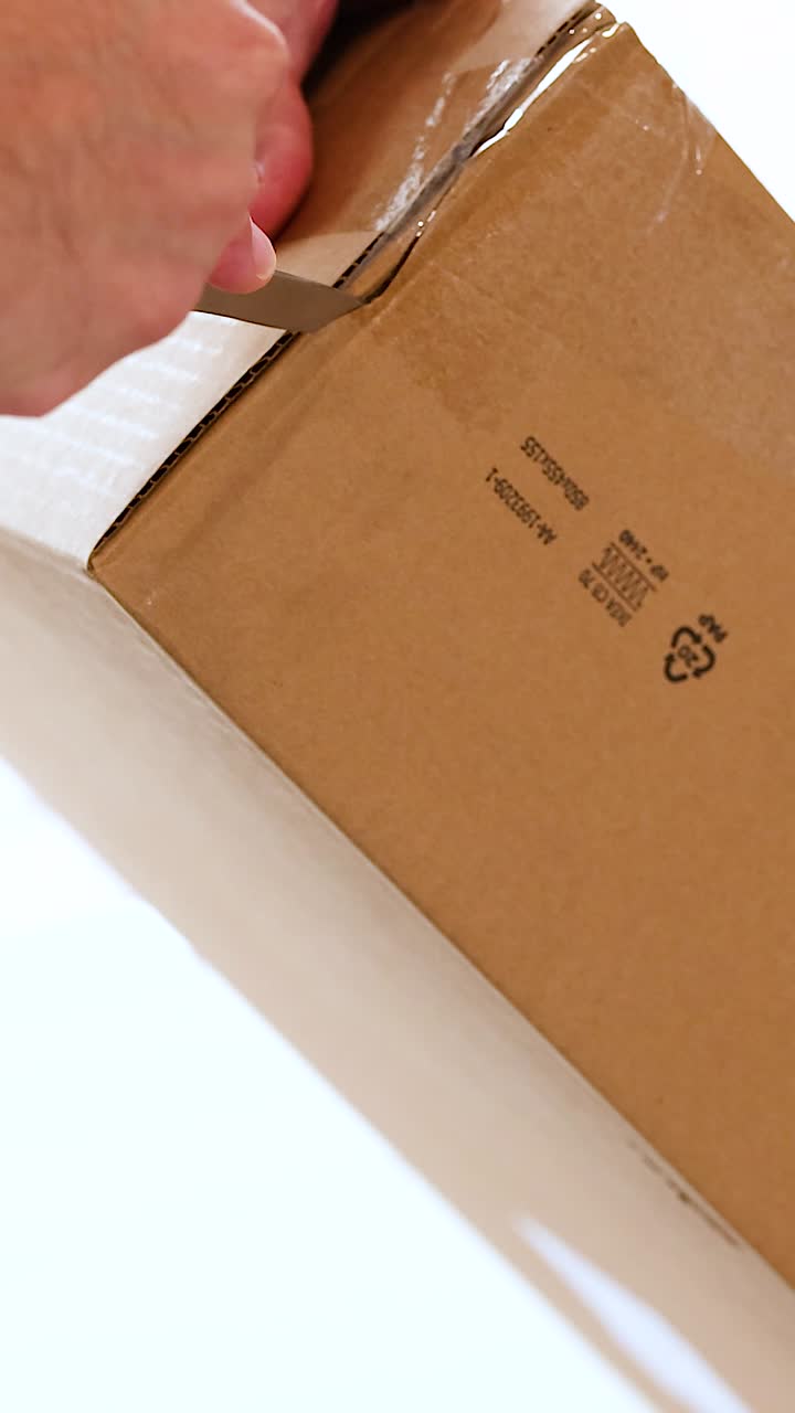 A person uses a knife to carefully open a cardboard box. Bright lighting highlights the precise cutting action