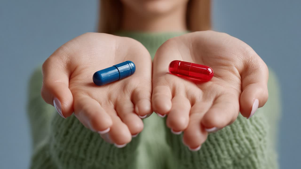 A Thoughtful Choice: The Dilemma of Selecting Between Contrasting Capsules in Hands, Highlighting the Symbolism of Decisions in Life and Health