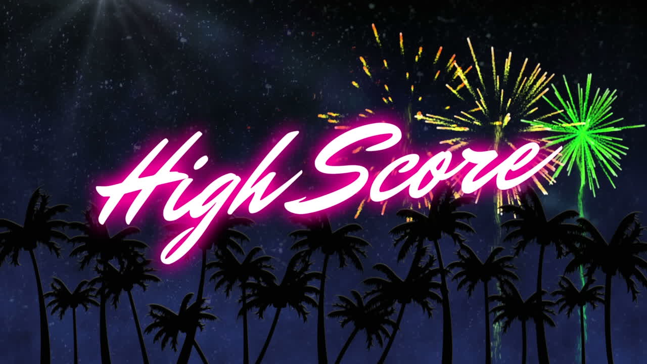 Animation of fireworks and high score text over black background