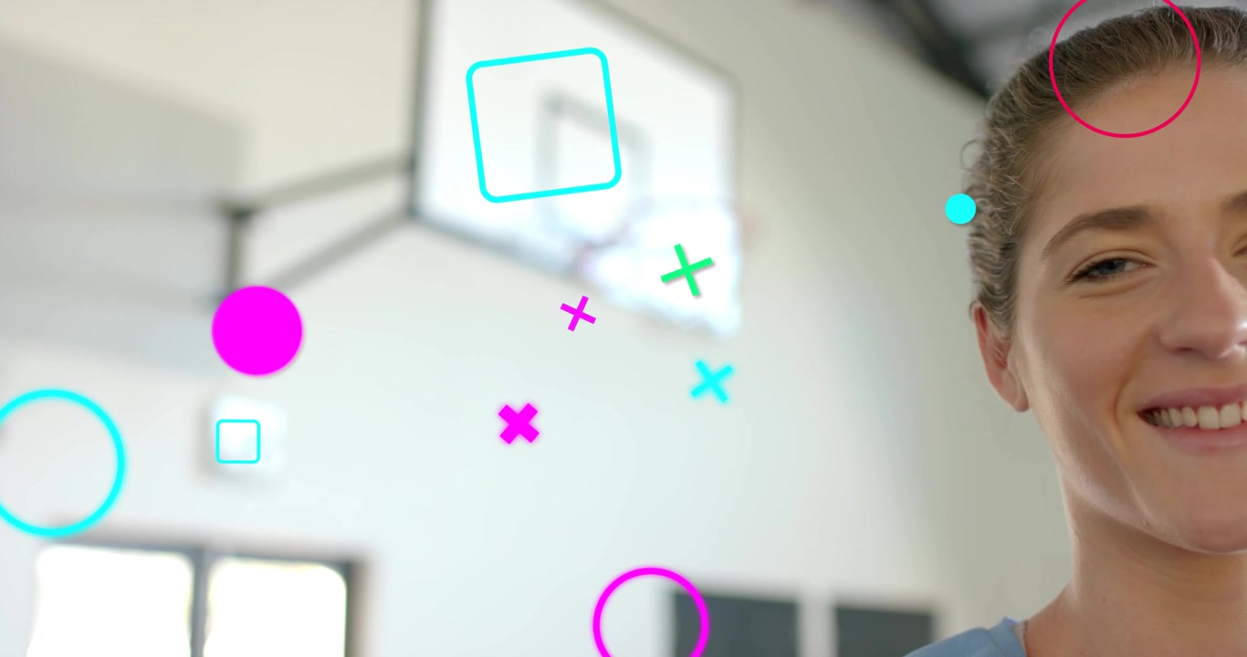 Female athlete reacting to incoming animated shapes in gym, shifting smile for sports branding