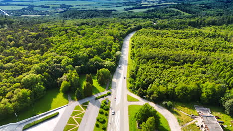 sunny forest road in europe. a winding road passes through lush greenery, showcasing a peaceful landscape in europe during a sunny afternoon