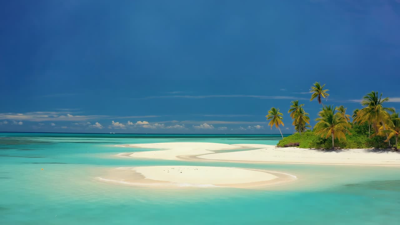 Breathtaking aerial view capturing a tropical paradise with pristine white sandy beach, crystal clear turquoise waters, and lush palm trees swaying under a vibrant blue sky