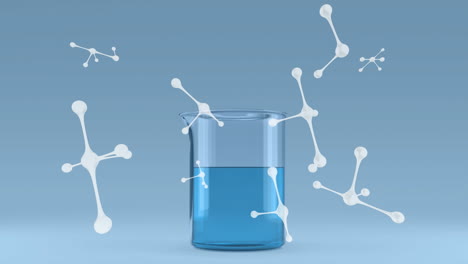 animación de moléculas que se mueven sobre el vaso de laboratorio