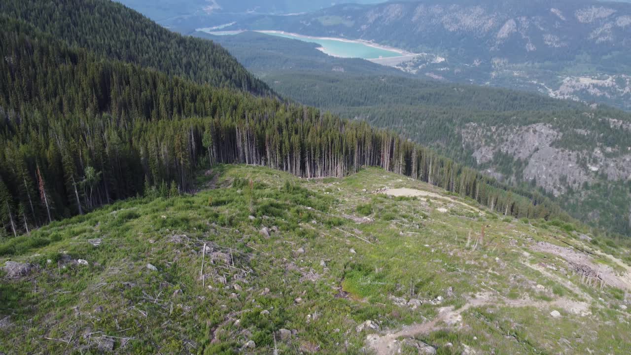 горный пейзаж с плотиной гидроэлектростанции с деревьями и рекой в канаде bc с помощью воздушного дрона 4k