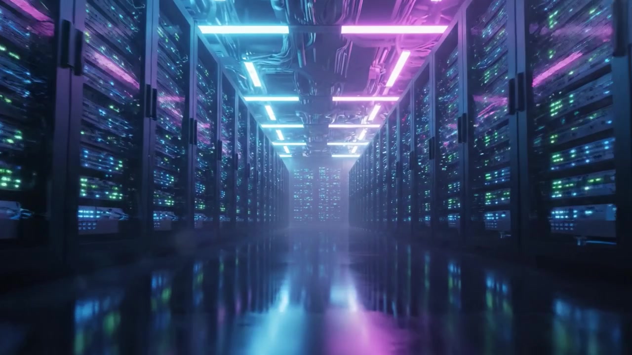 A Futuristic Data Center with Glowing Racks and High-Tech Lighting: An Inside Look at the Heart of Modern Computing Infrastructure