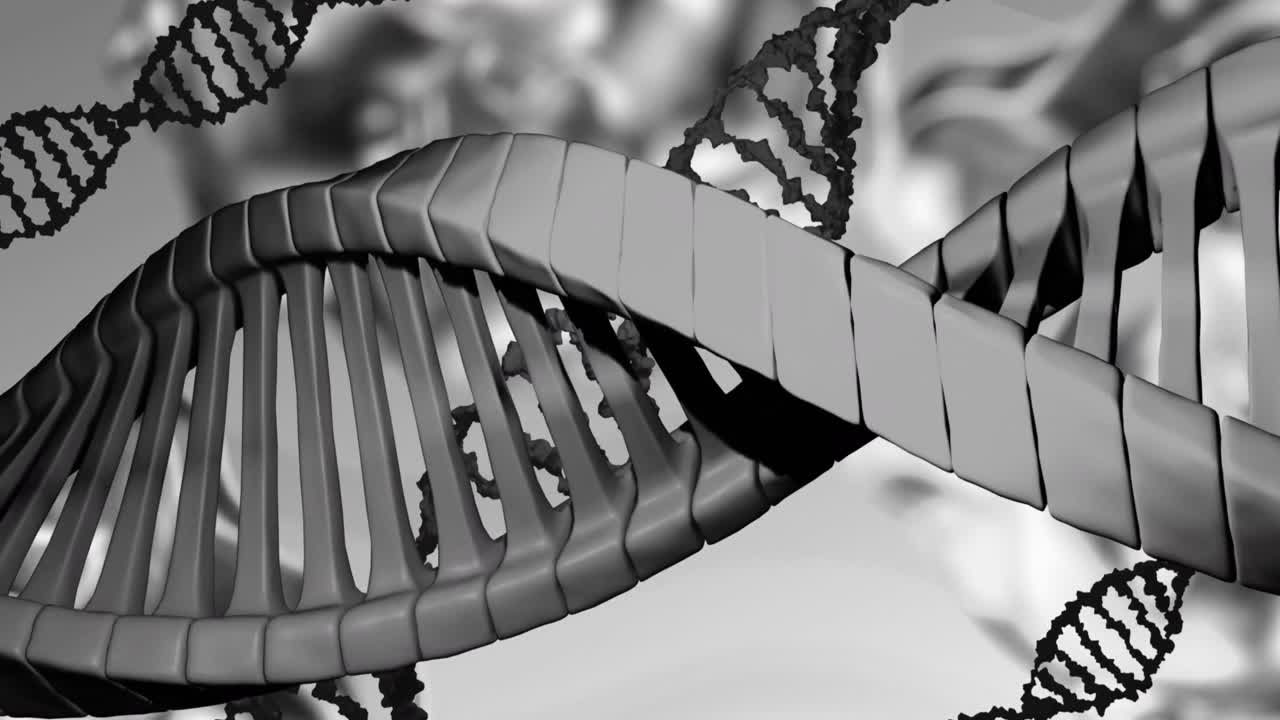 회색 배경 위에 회전하는 dna 줄의 매크로의 애니메이션