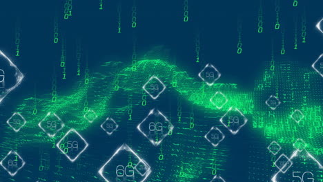 animation of 5g and 6g text, digital data processing over binary coding