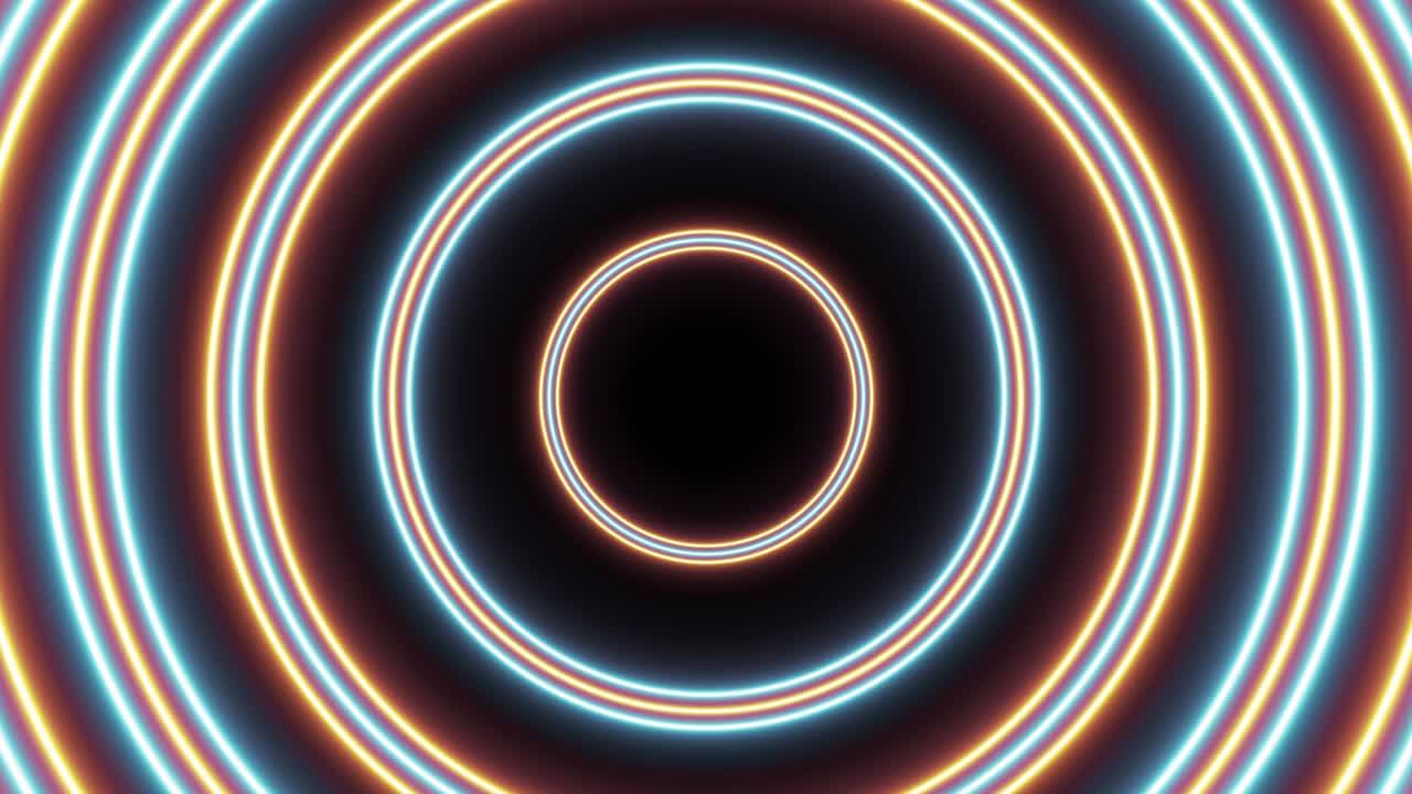 Blue and orange circles animation on a dark background. Abstract seamless looped futuristic flight in tunnel motion graphic
