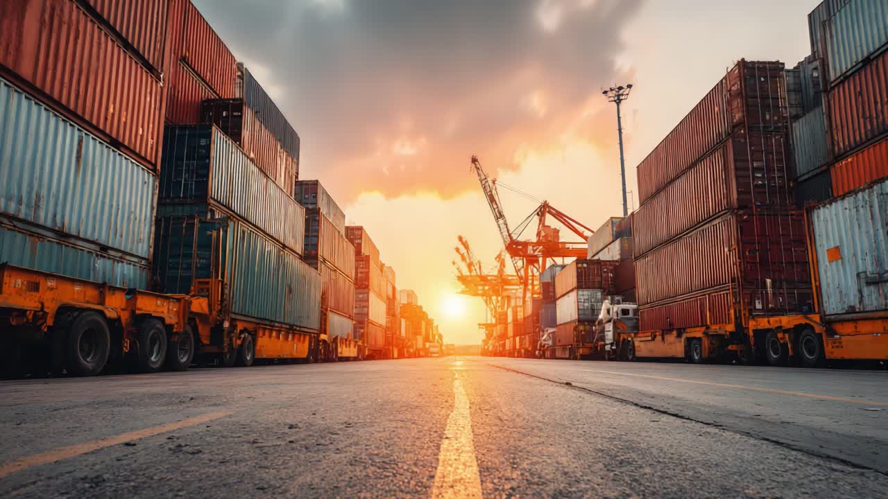 A Breathtaking Sunset Over a Busy Cargo Port, Showcasing Colorful Shipping Containers and Towering Cranes Amidst a Striking Sky Full of Clouds