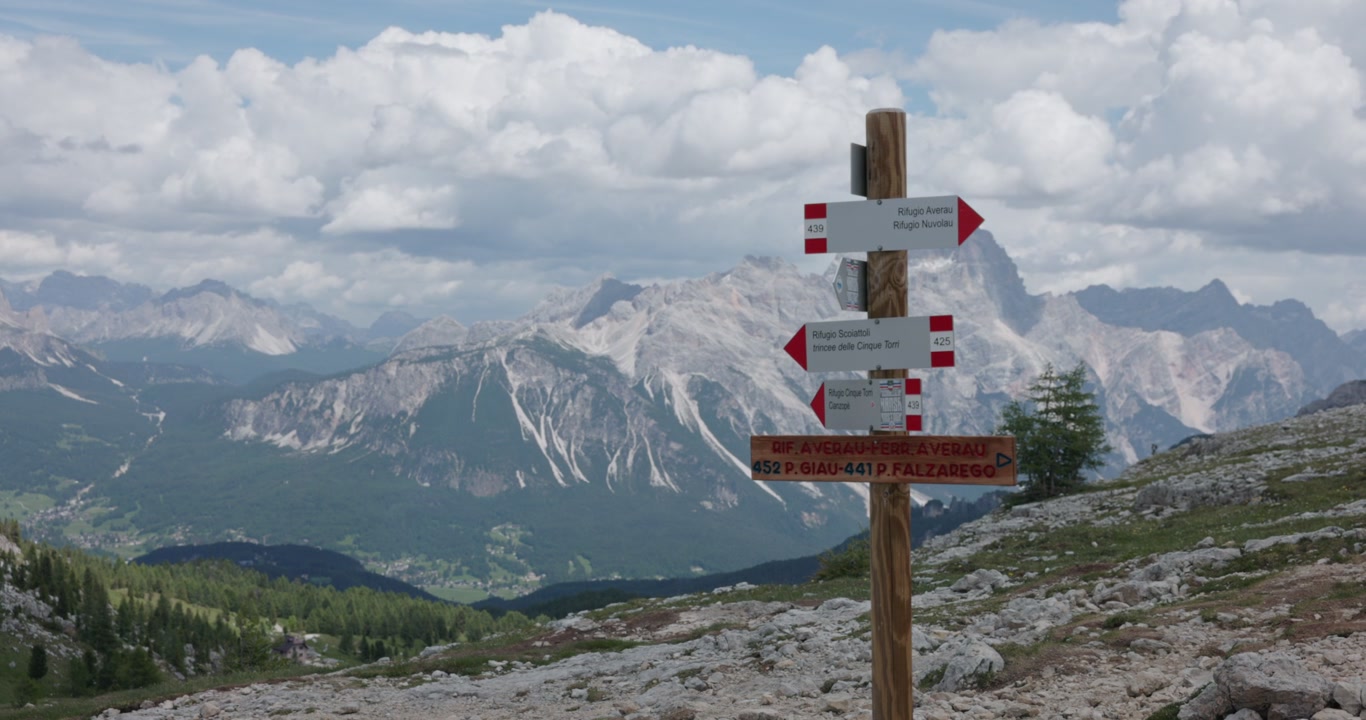 Puinen opaste vaellusreiteille Cinque Torrin alueella Cortina d'Ampezzossa, Dolomiiteilla, Italiassa. Staattinen otos.