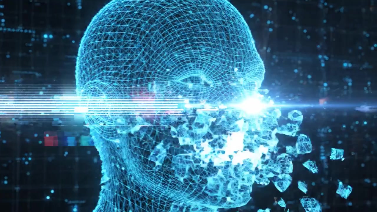 Una rappresentazione futuristica in wireframe 3D di una testa umana, che mostra tecnologia digitale avanzata e concetti di intelligenza artificiale