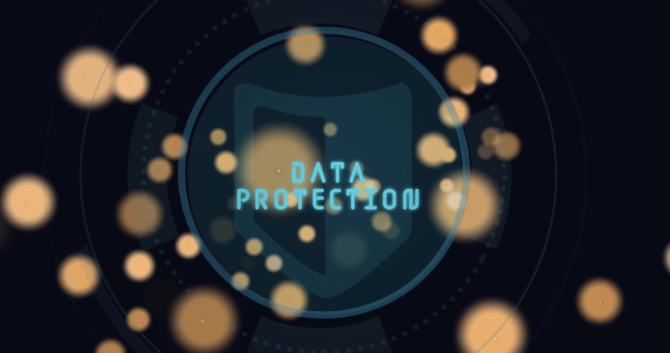 On start HUD scaling rotating while arc sweeping, bokeh drifting, showing DATA PROTECTION shield
