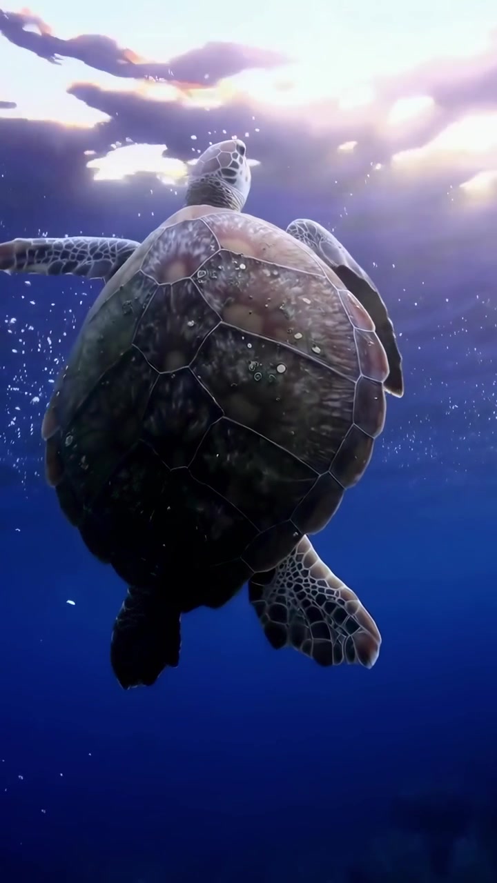Sea Turtle Swimming Towards the Ocean Surface