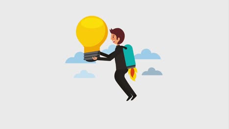 businessman flying with rocket holding bulb