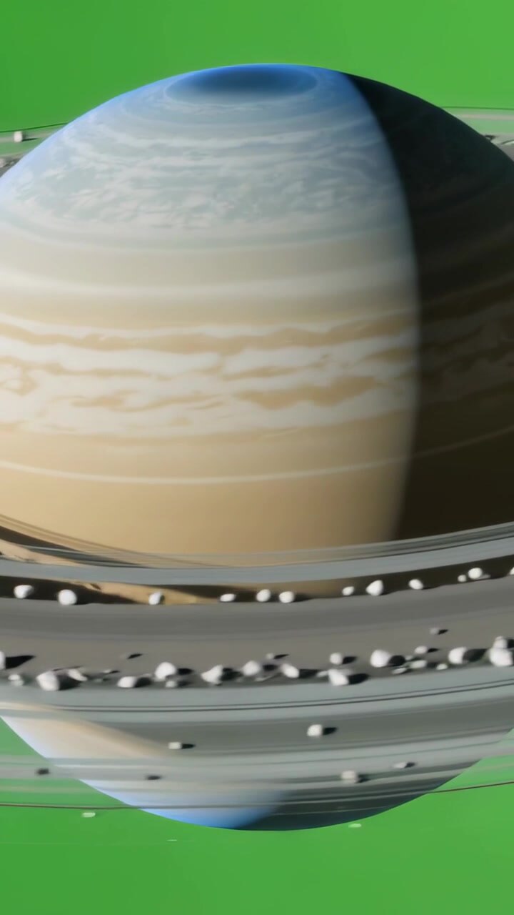Vertical video: Playback starting planet rotating, bands shifting, rings drifting, green backdrop
