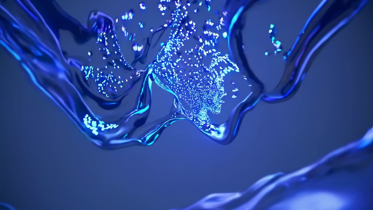 ダイナミックに流れる青い液体ときらめく粒子が映し出された抽象的なビデオ。