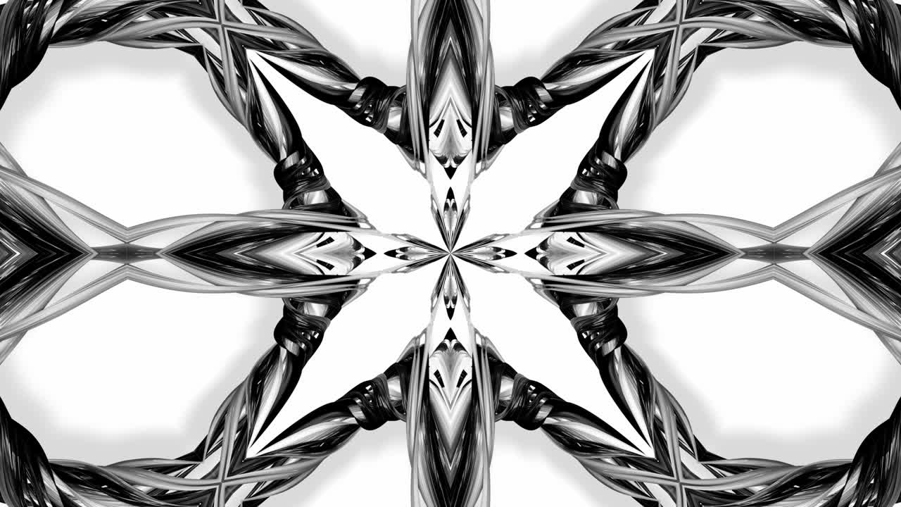 la animación de bucle 4k con cintas blancas y negras se retorcen y forman estructuras complejas como el patrón de adorno simétrico o el efecto caleidoscópico. imágenes sin costuras con luma matte como canal alfa. 20