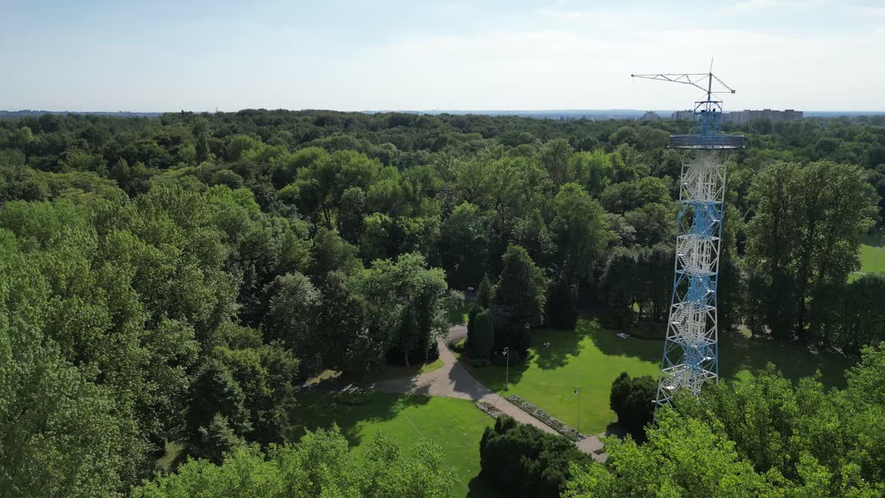 Aerial Viev of Blue and White Parachute Tower with Horizon Line