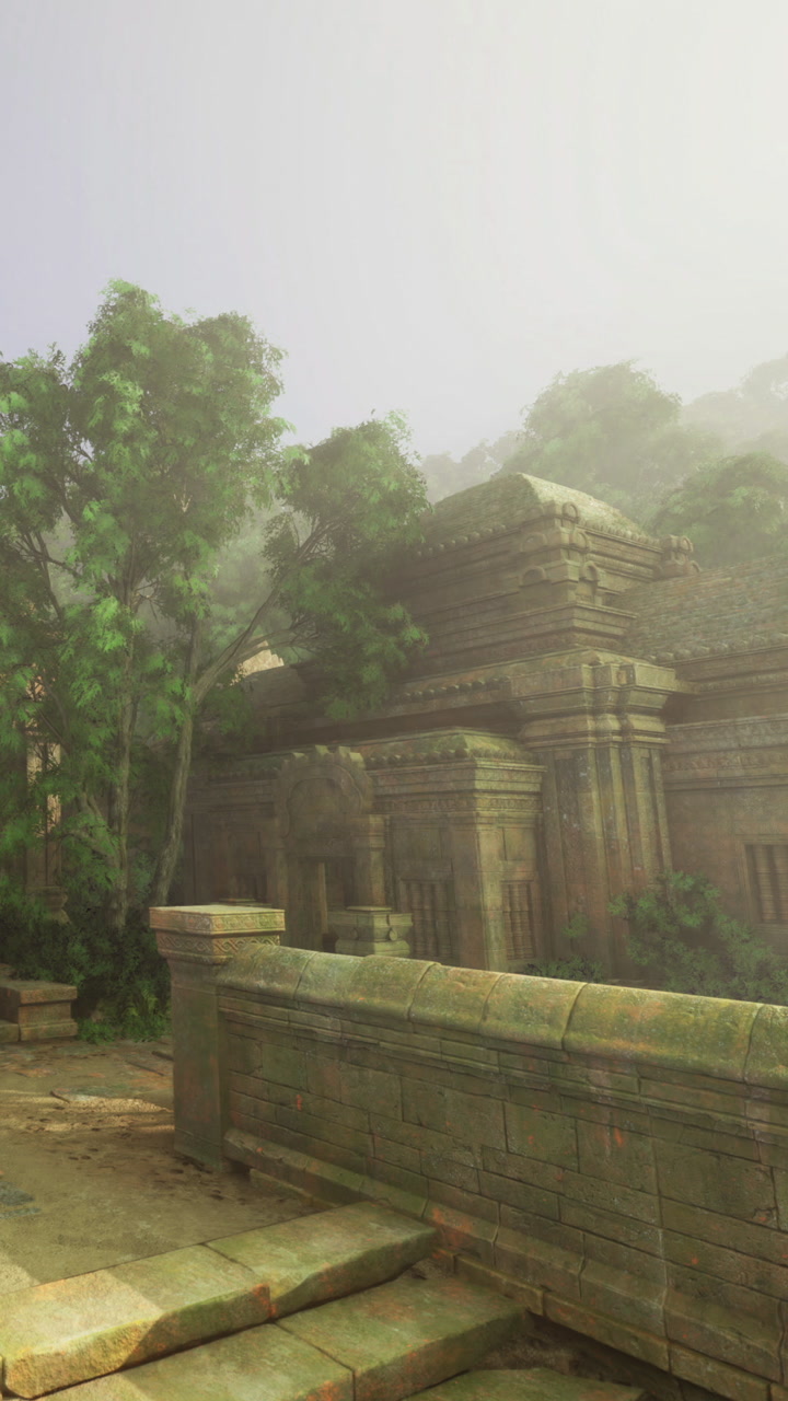 Ancient ruins hidden in dense trees during early morning light