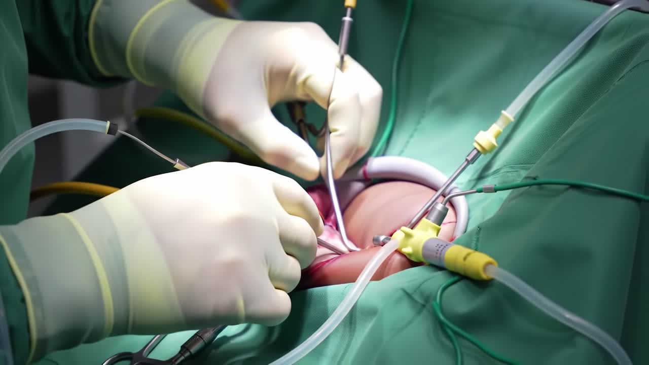 Detailed Surgical Procedure: Skilled Hands Perform Delicate Operation Under Sterile Conditions with Precision Instruments, Highlighting Medical Expertise and Teamwork inHealthcare.