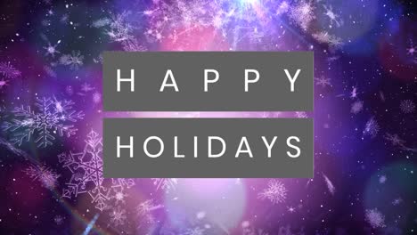 Animation-of-happy-holidays-text-banner-over-snowflakes-falling-against-purple-gradient-background